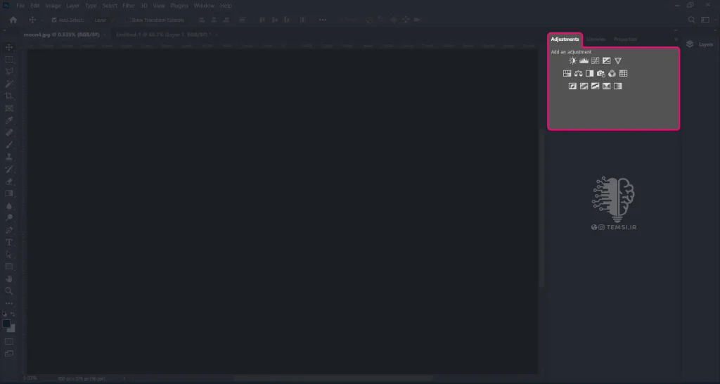 باز کردن پنل Adjustments
